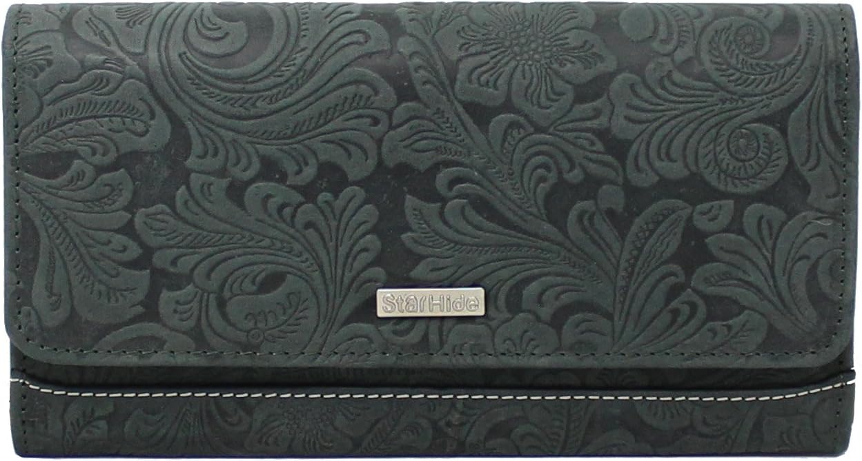 STARHIDEWomen Embossed Floral Real Distressed Hunter Leather RFID Blocking Clutch Wallet 5585