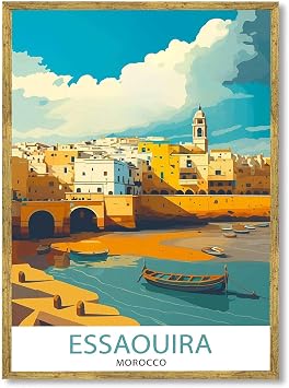 Framed Essaouira Morocco Coastal City Canvas Print Vintage Modern Poster Painting Wall Art Stunning Wall Decor for Living Room Bedroom Home Decor Pictures Decoration Gold Framed,12L X16W