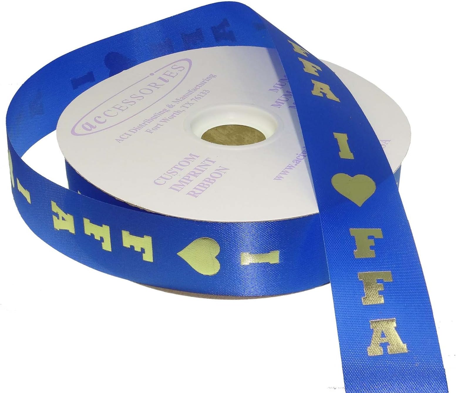 ACI PARTY AND SPIRIT ACCESSORIES FFA Imprint Ribbon, Royal Blue Ribbon with Metallic Gold Print Roll, 100 yd, Size #9 Ribbon