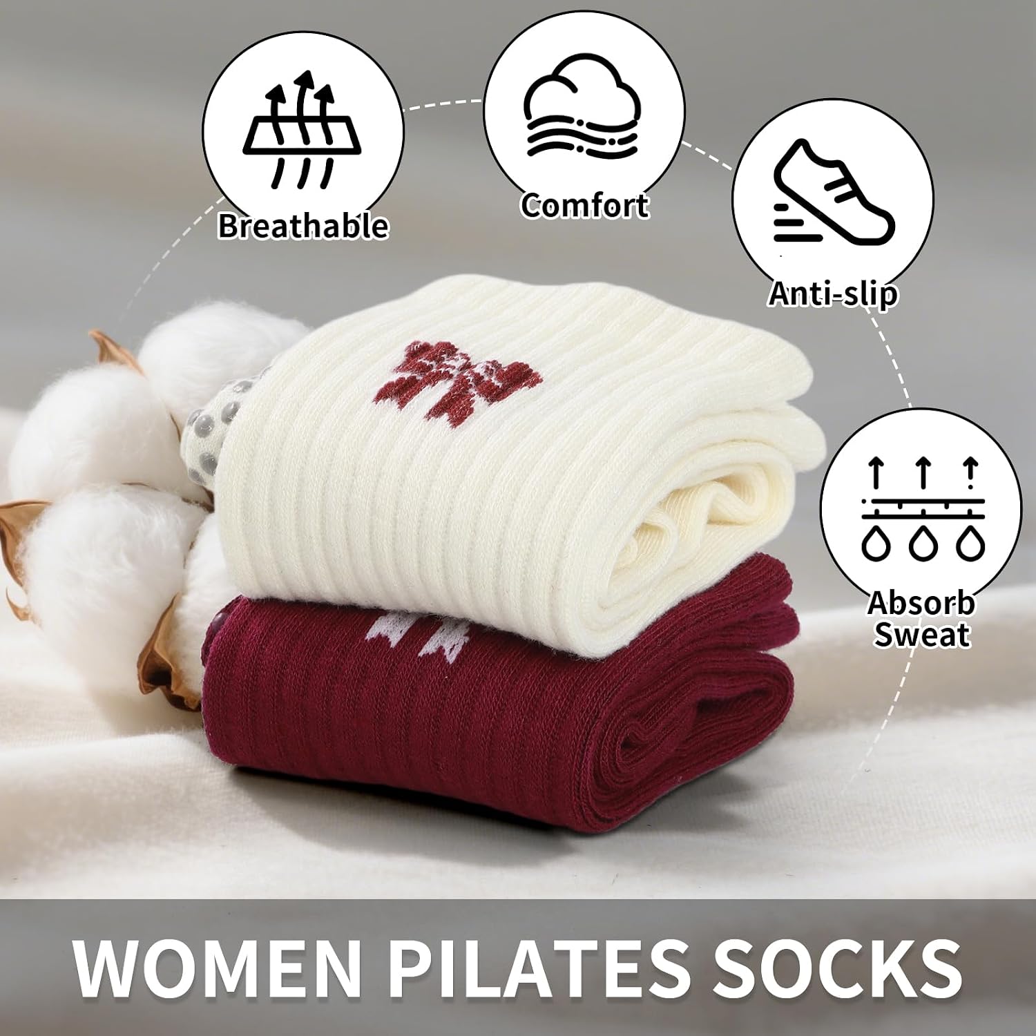 4 pairs Women's Cute Bow Pilates Grip Socks Non-Slip Low Cut Socks for Yoga, Dance, Fitness & Home Workout