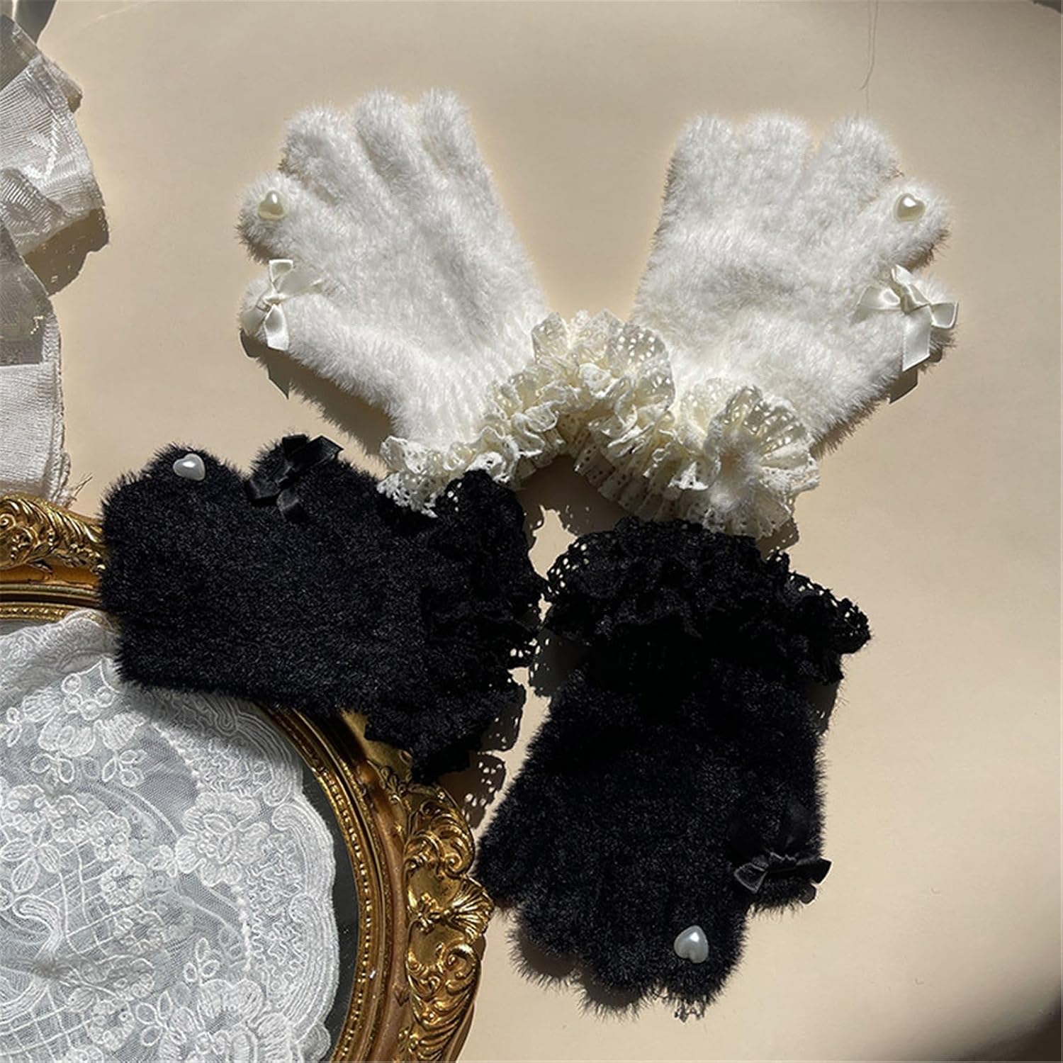 Ruffle Lace Trim Furry Plush Winter Gloves For Kids Girls Heart Bow Thicken Warm Fuzzy Full Finger Gloves Mittens