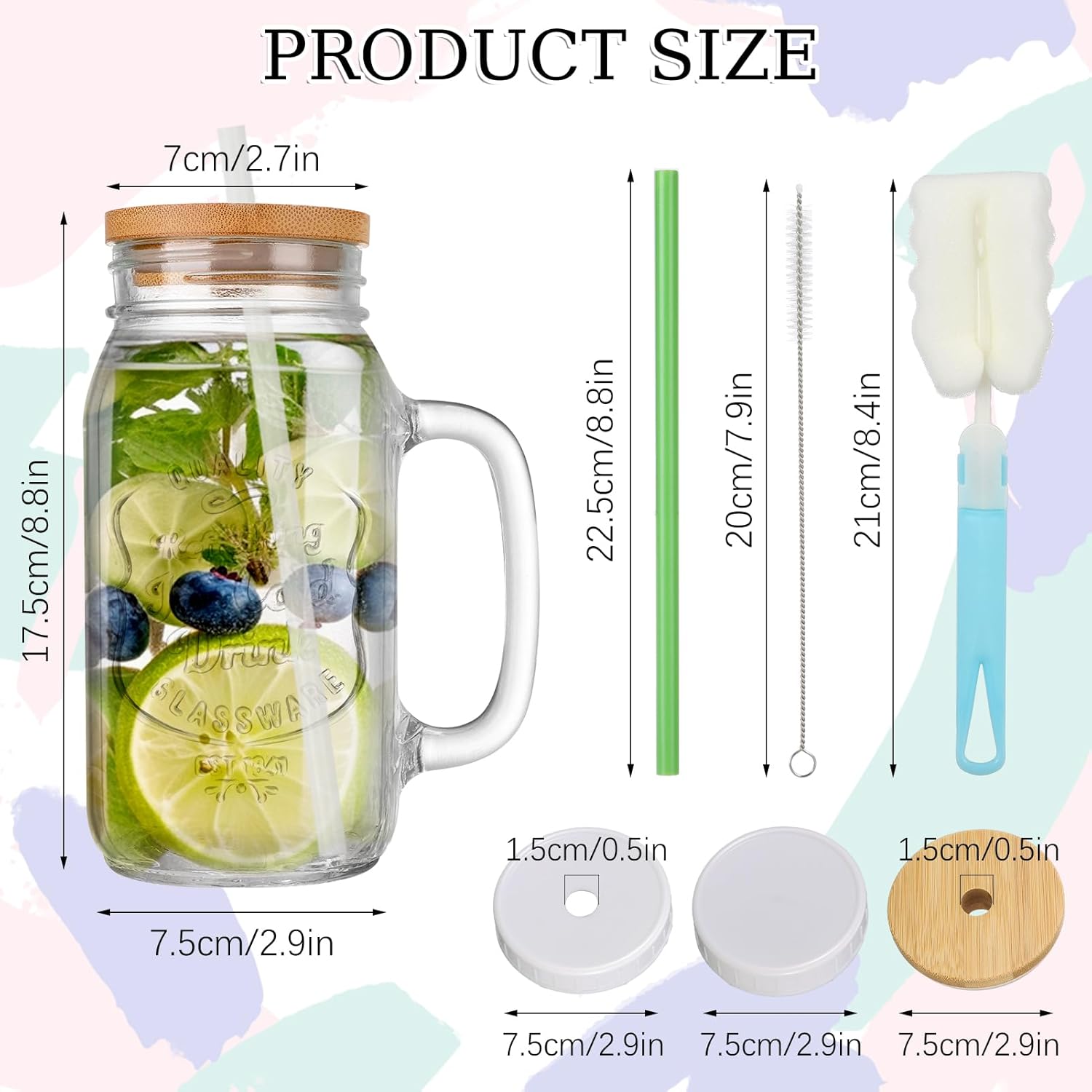 6 Pack Mason Jars with Handle, 24 OZ Colorful Drinking Glasses with Lids and Straws, Mugs with Embossed Ice-Cold Drinkware Logo for Iced Coffee Smoothie Overnight Oats Containers - Image 2