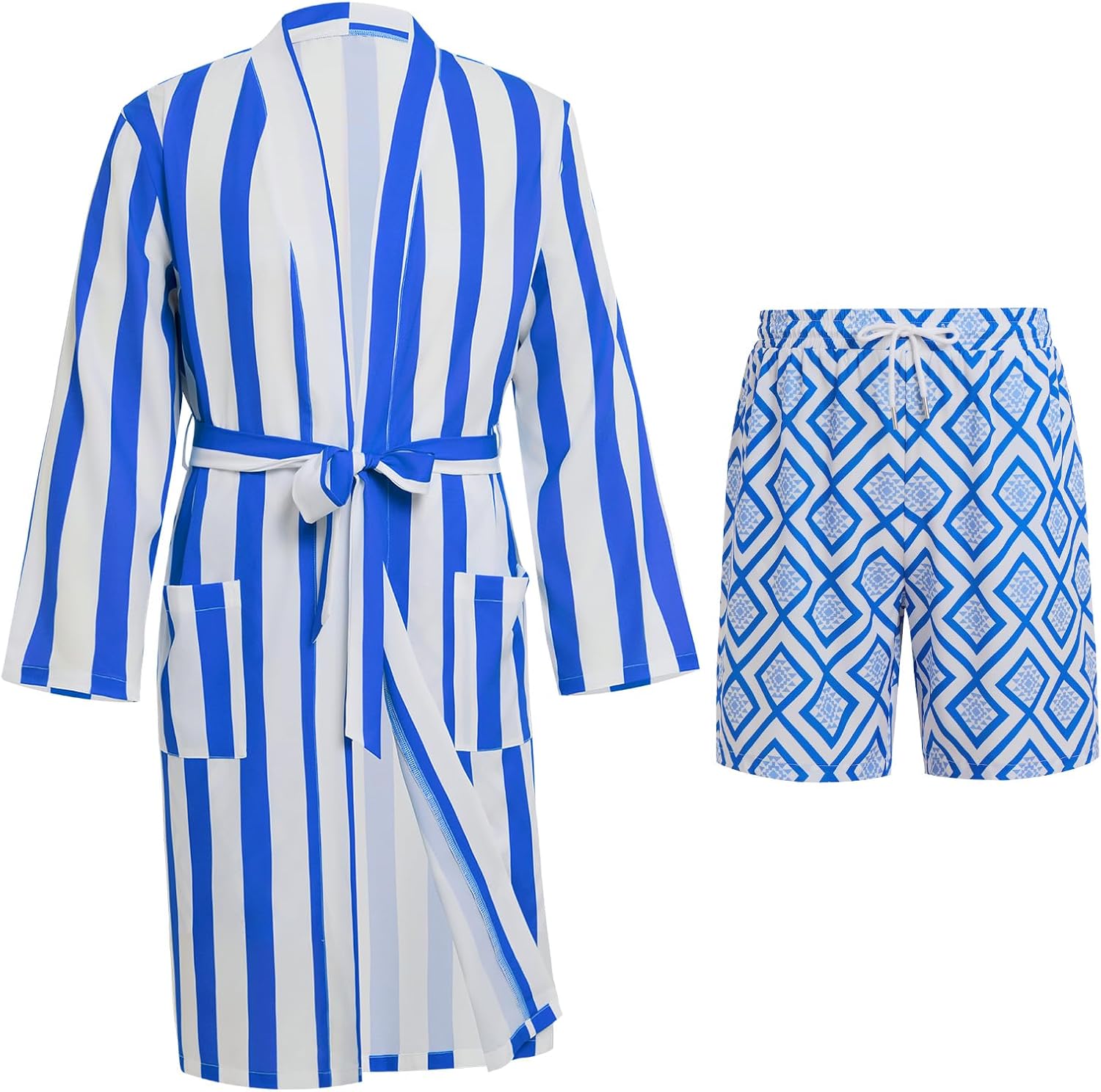 ODIZLI Men's 2 Piece Robe and Shorts Set - Striped Geo Print Open Front Loungewear with Pockets for Beach Vacation Loungewear