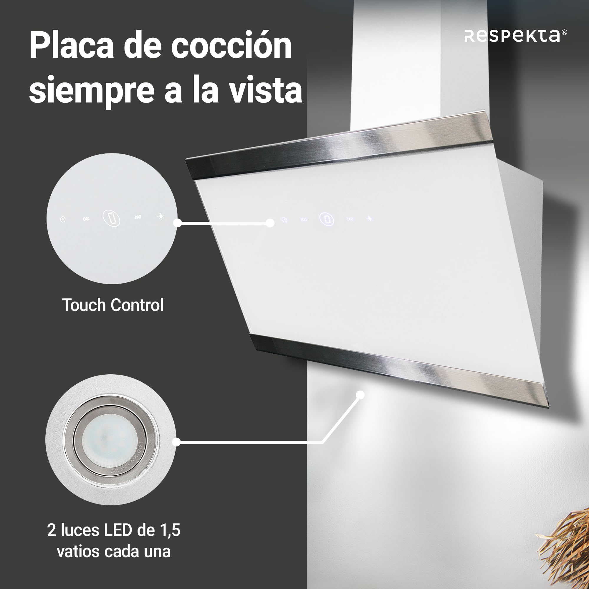 Respekta campana extractora cabeza libre/campana inclinada 60cm / pantalla de vidrio, marco de acero inoxidable en blanco/función de extracción y recirculación de aire / CH89060W / A++ / 39-59 dB