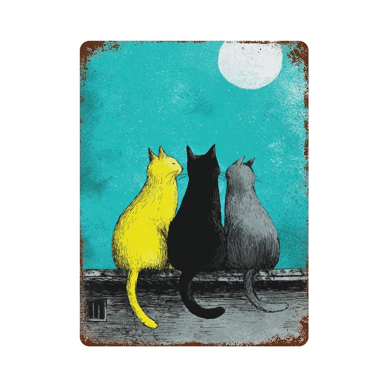 Night Cats Moon Watching Rust Effect Tin Sign 15.7"x11.8", Ideal for Cafe, Home Bar And Lounge Decor