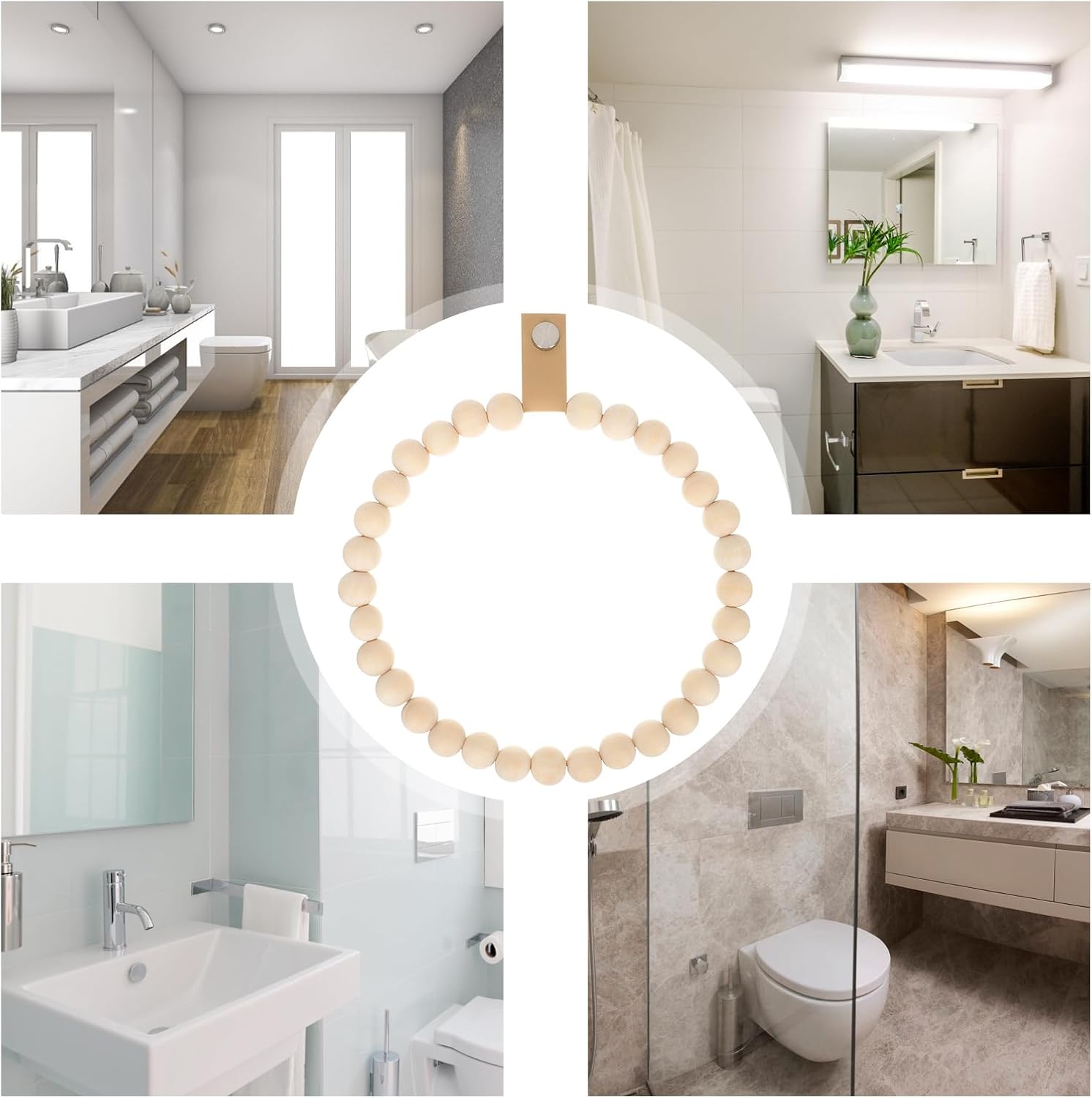 Hemoton Bohemian Style Wooden Bead Hand Towel Holder Wall Mounted Bathroom Towel Ring Compact 7.67 Inch Rustic Boho Bathroom Decor