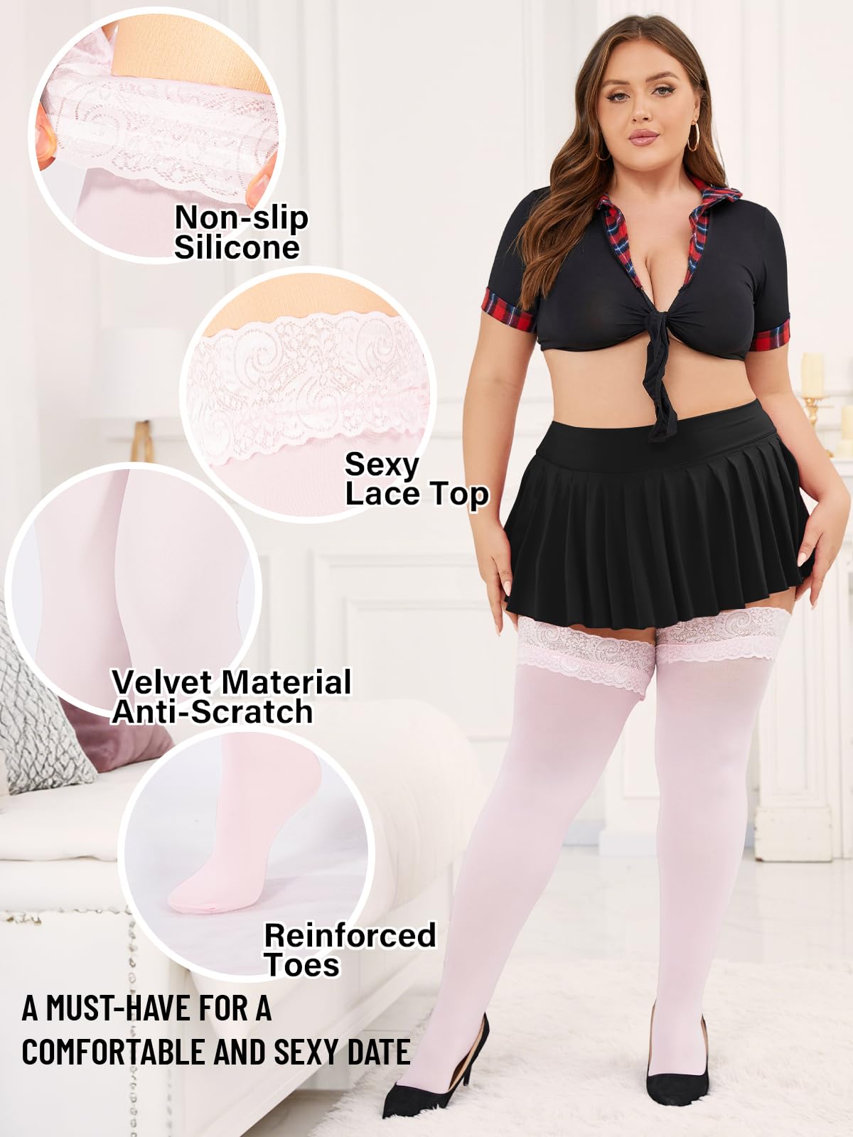 Moon Wood Plus Size Thigh High Stockings Women Sexy Lace Semi Sheer Stay Up Lingerie Thigh Highs Stockings: White