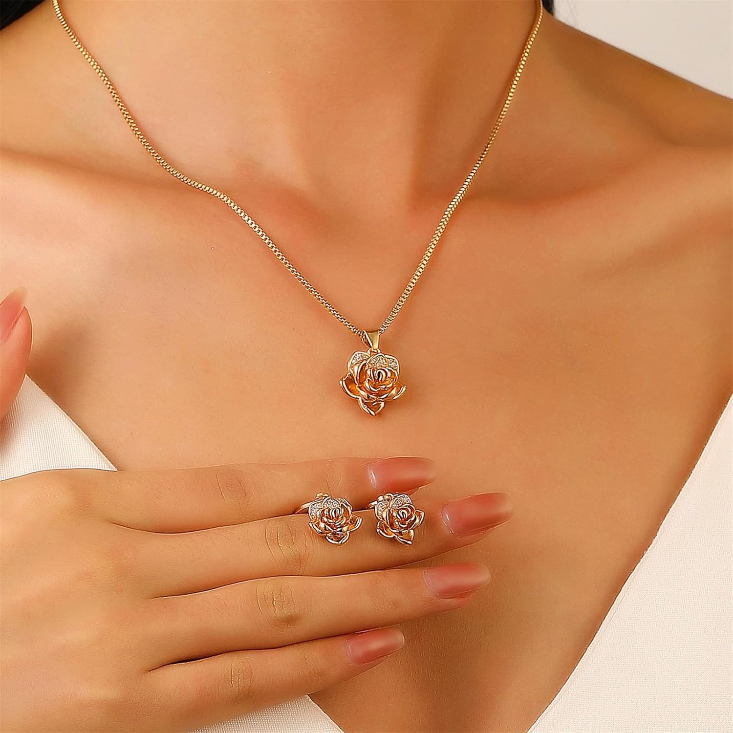 3-4 Pcs Red Rose Jewelry Set for Women Dainty Trendy Roses Flower Pendant Necklace Vintage Flower Green Leaf Bracelet Dangle Earrings Wedding Valentine's Day Charm Jewelry - Image 3