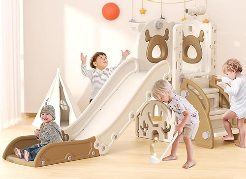 YUFU Tobogán 7 en 1 para niños pequeños, juego de tobogán para niños pequeños con golf, escalador, aro de baloncesto y pelota, para interiores y