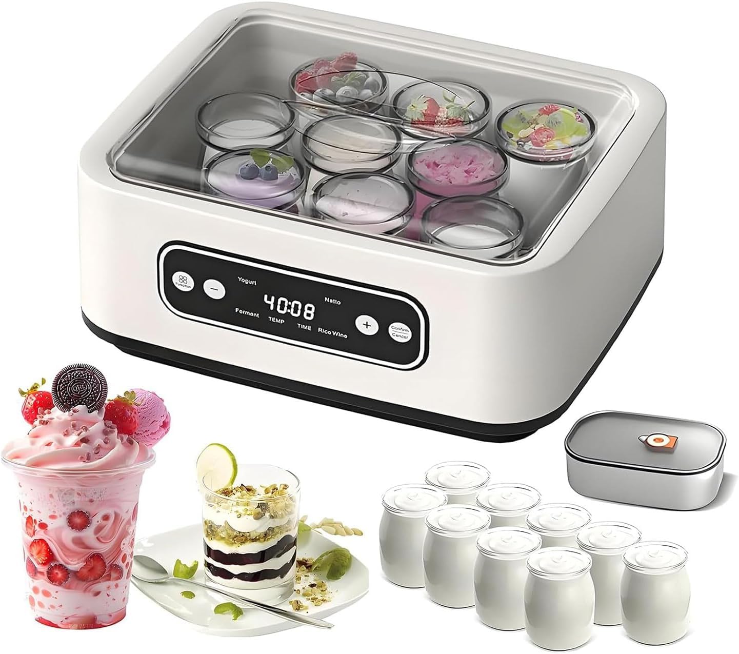 Macchina automatica del produttore di yogurt, produttore di yogurt elettrico con 9 tazze di vetro, produttore di yogurt probiotico finale con controllo della temperatura 36 ore, timer di 12 ore