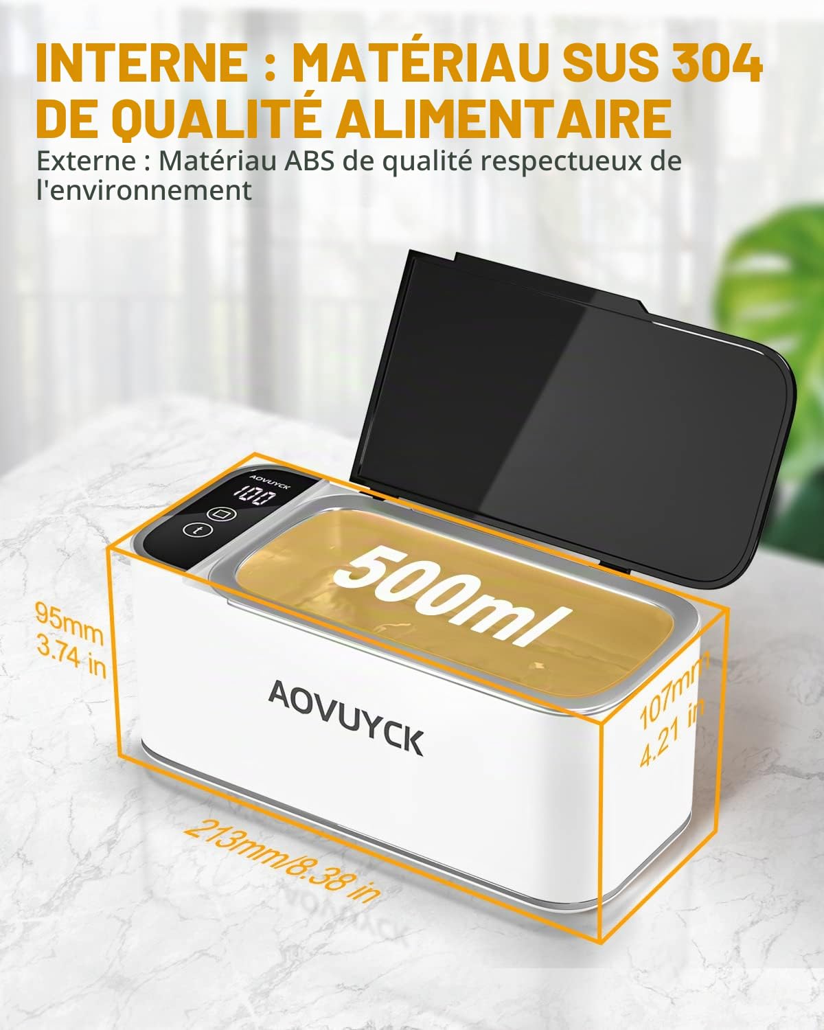 46000Hz Nettoyeur Ultrasons avec 4 Modes de Nettoyage, Fonction Tactile, Bac Ultrasons en Acier Inoxydable et ABS, Ultrasonic Cleaner avec Affichage à LED pour Montres, Bijoux, Collier, 500ml