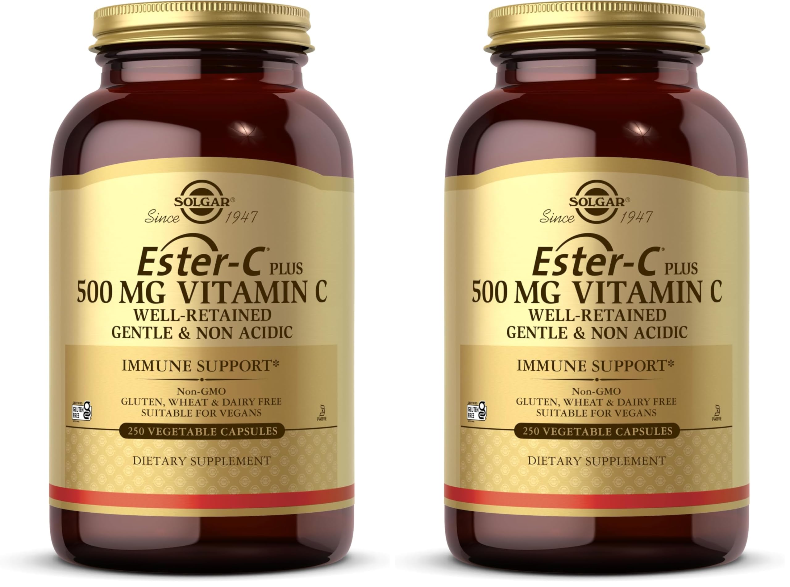 Solgar Ester-C Plus 500 mg Vitamin C (Ascorbate Complex),250 Vegetable Capsules - Gentle & Non Acidic - Antioxidant & Immune Support - Non GMO,Vegan,Gluten Free,Kosher - 250 Servings,(Pack of 2) 250 Count (Pack of 2)