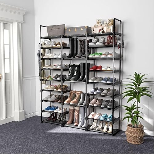 Miniatura 2 de Piggy-G Zapatero de 9 niveles para entrada, organizador de zapatos con gancho, estante de almacenamiento de zapatos, estante largo apilable para