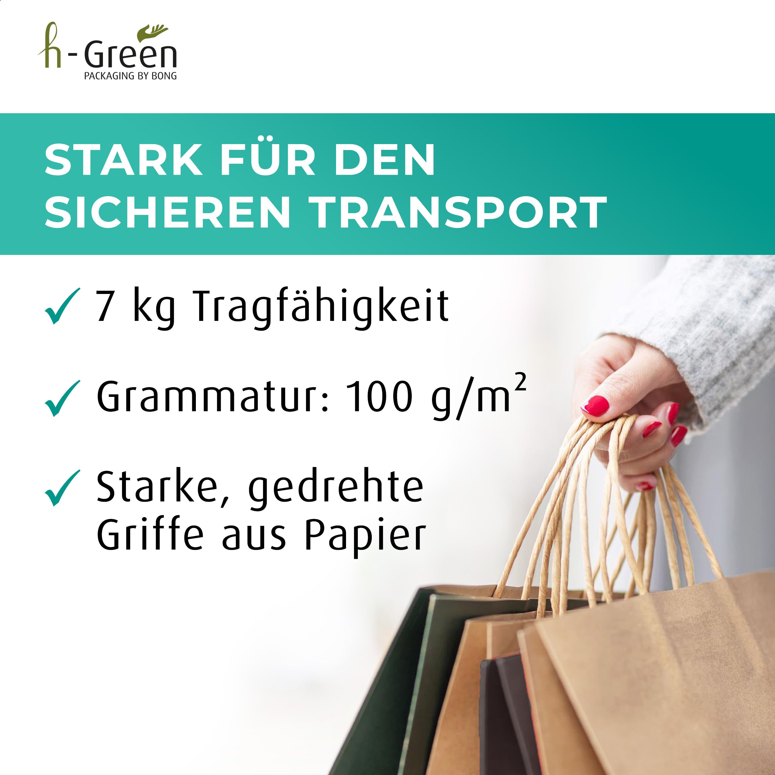 h-Green Papiertüten mit Henkel 320x420x150 mm (200 Stück), tragbare Papiertüten mit 7kg Tragfähigkeit, recycelbare Geschenktüten aus FSC® zertifiziertem Recycling-Kraftpapier, 100g/m², schwarz