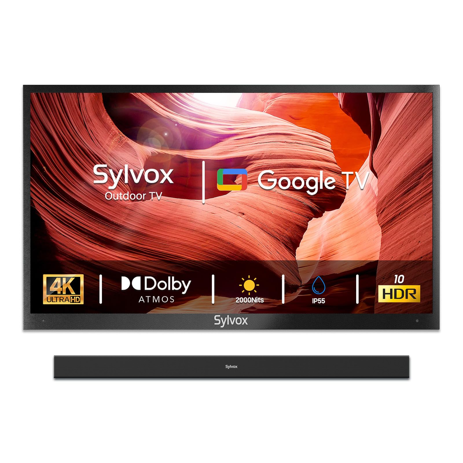 SYLVOX Outdoor TV with TV Soundbar, 55 inch 2000 Nit High Brightness Smart Outdoor TV, 4K Sunlight Readable Display, IP55 Waterproof, Smart TV for Outdoor Households or Commercial Places
