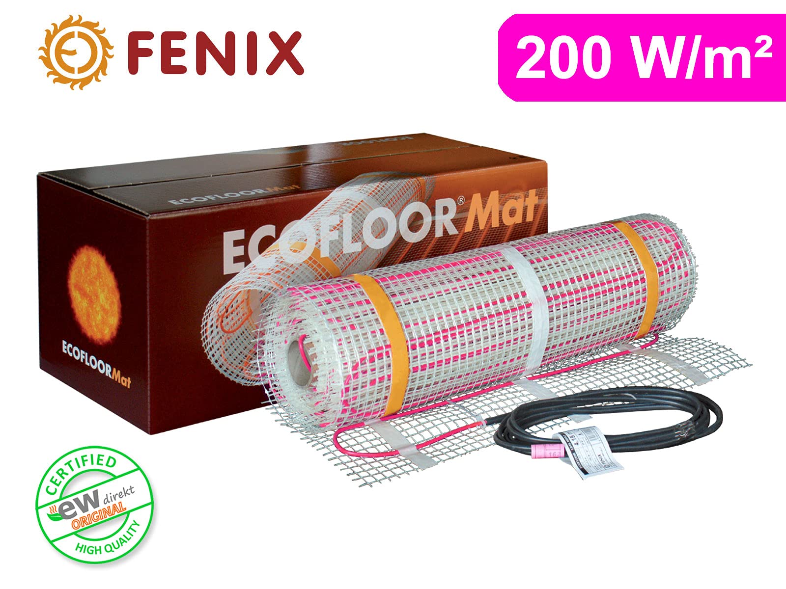 Komplett-Set elektrische Fußbodenheizung Ecofloor 200 W/m² mit Thermostat TFT Wlan/Wifi 1-16 m² (2,5 m² - 0,5 x 5,0 m)
