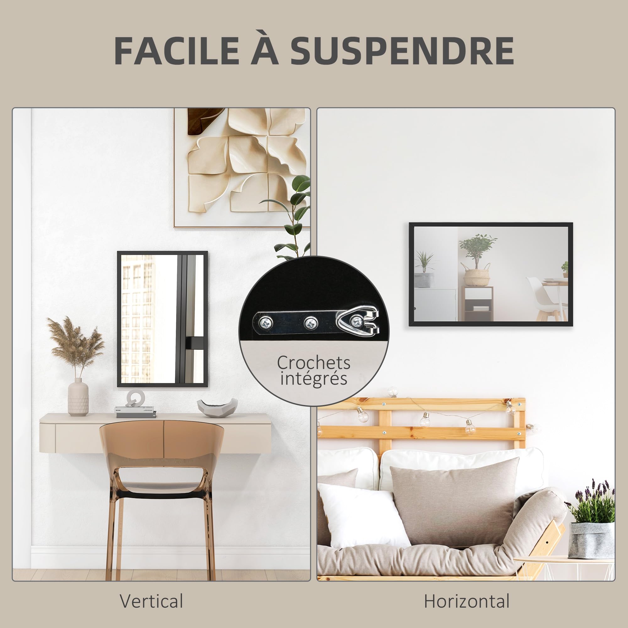 HOMCOM Miroir Mural Rectangulaire 60 x 40 cm Cadre en Bois Noir Salle de Bain