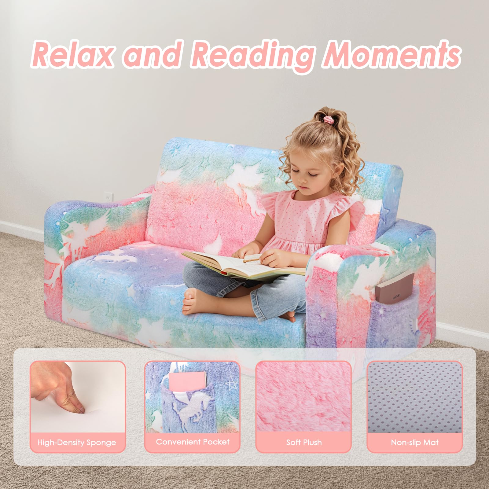 Einhorn Kindercouch ausklappbar 2-in-1, Extra Groß Kindersofa Das im Dunkeln leuchtet mit Schlaffunktion,Kindersessel für Kinder Kinderzimmer Spielzimmer