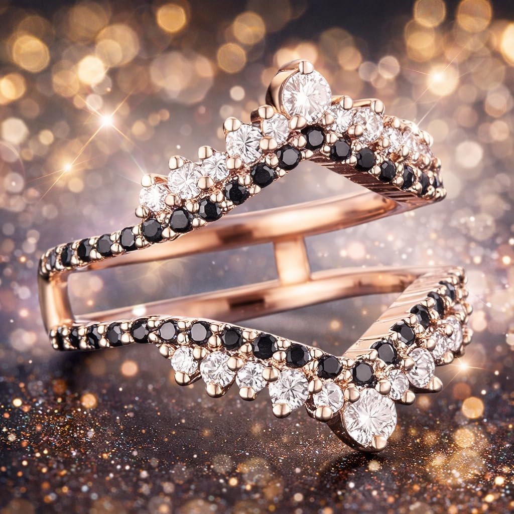 3.00 Ct Round Cut Lab Created Black and White Diamond Wedding Band Ring, 14K Rose Gold Finish, Sterling Silver, Prong Set, Women's Wrap Enhancer