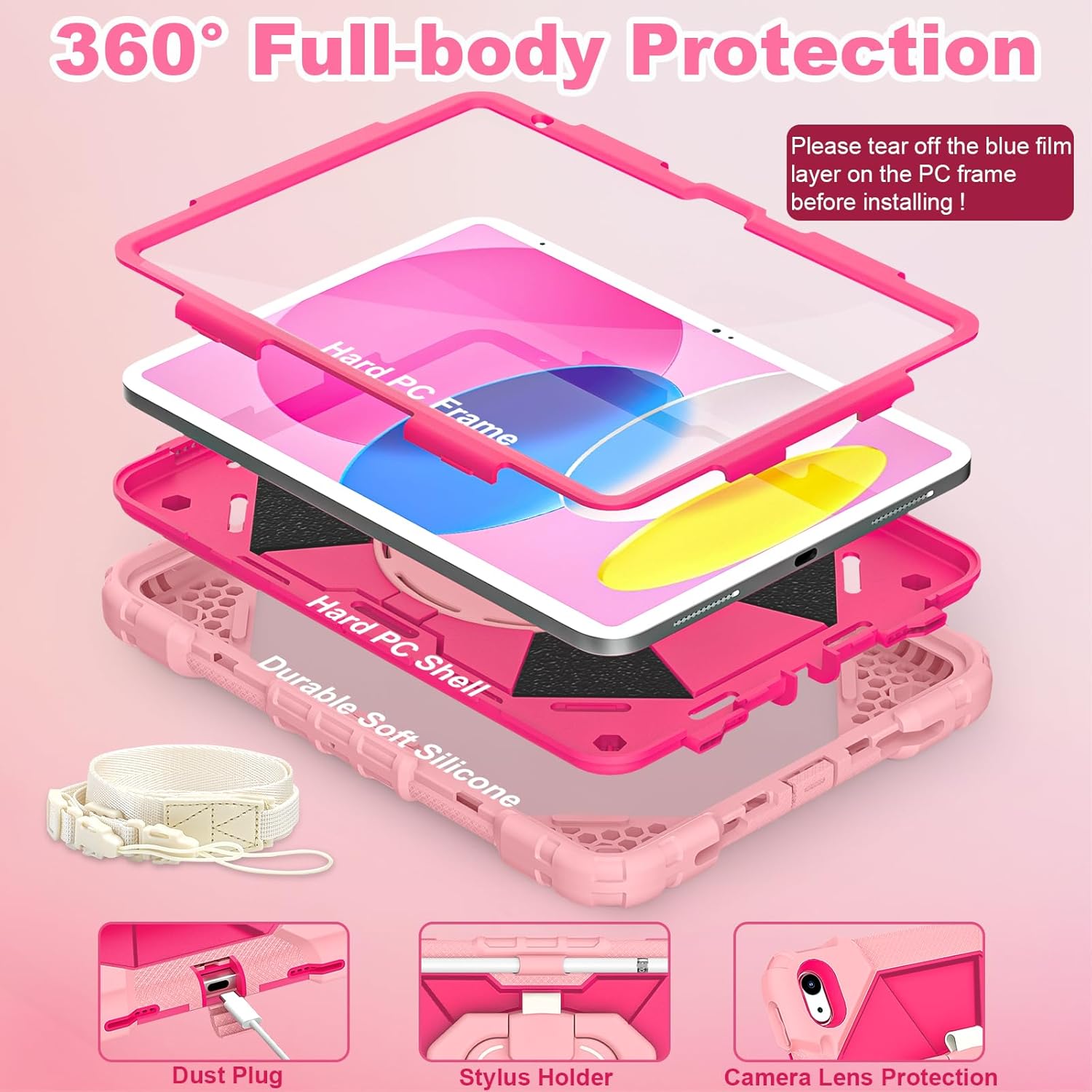 WESOROL Case for iPad (A16) 11th Generation 11 Inch (2025) iPad 10th Generation 10.9 Inch (2022),Full-Body Drop Protection i Pad Case 10th Gen with Rotating Stand Screen Protector Pencil Holder,Rose - Image 2