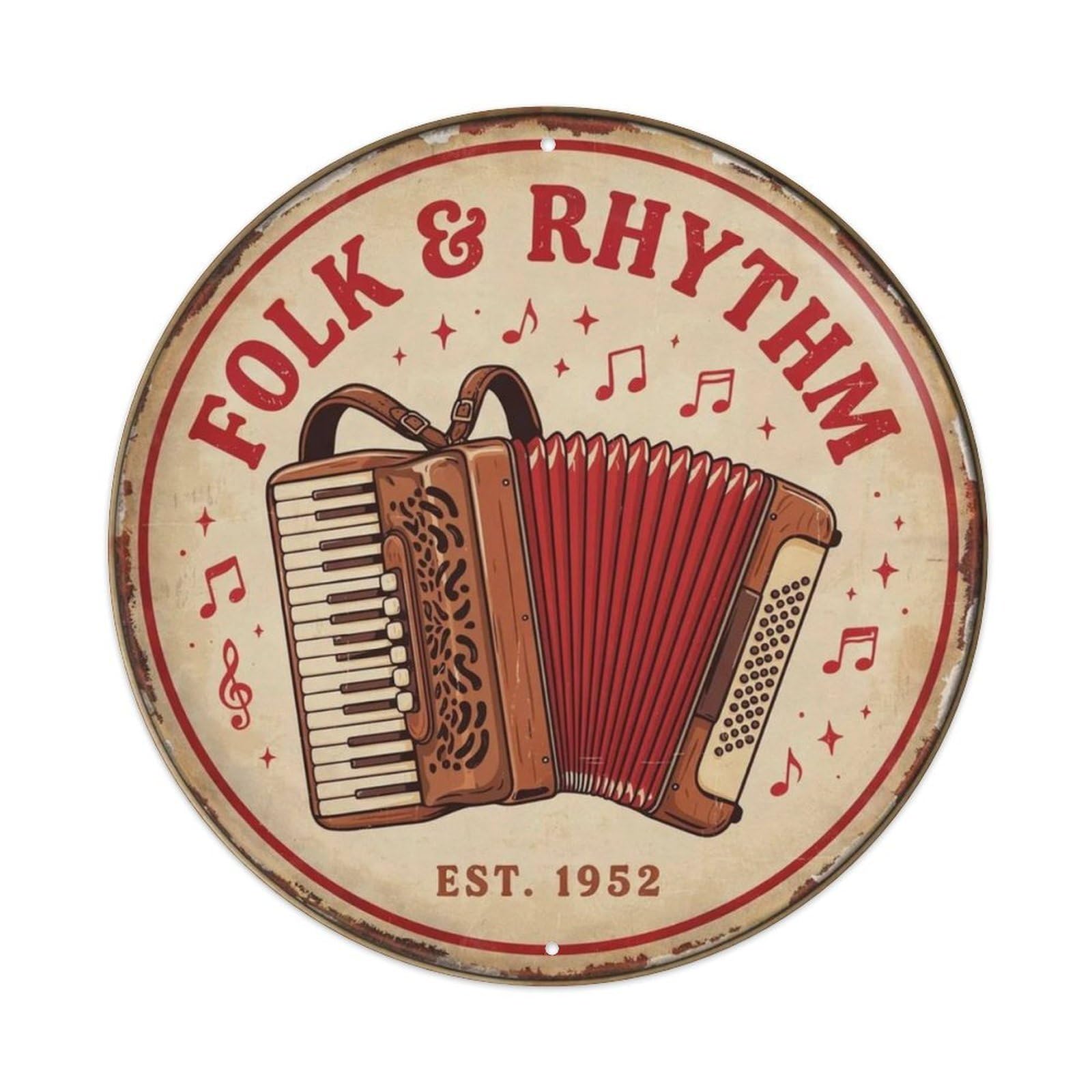 Vintage Accordion Folk Round Metal Tin Sign Plaque