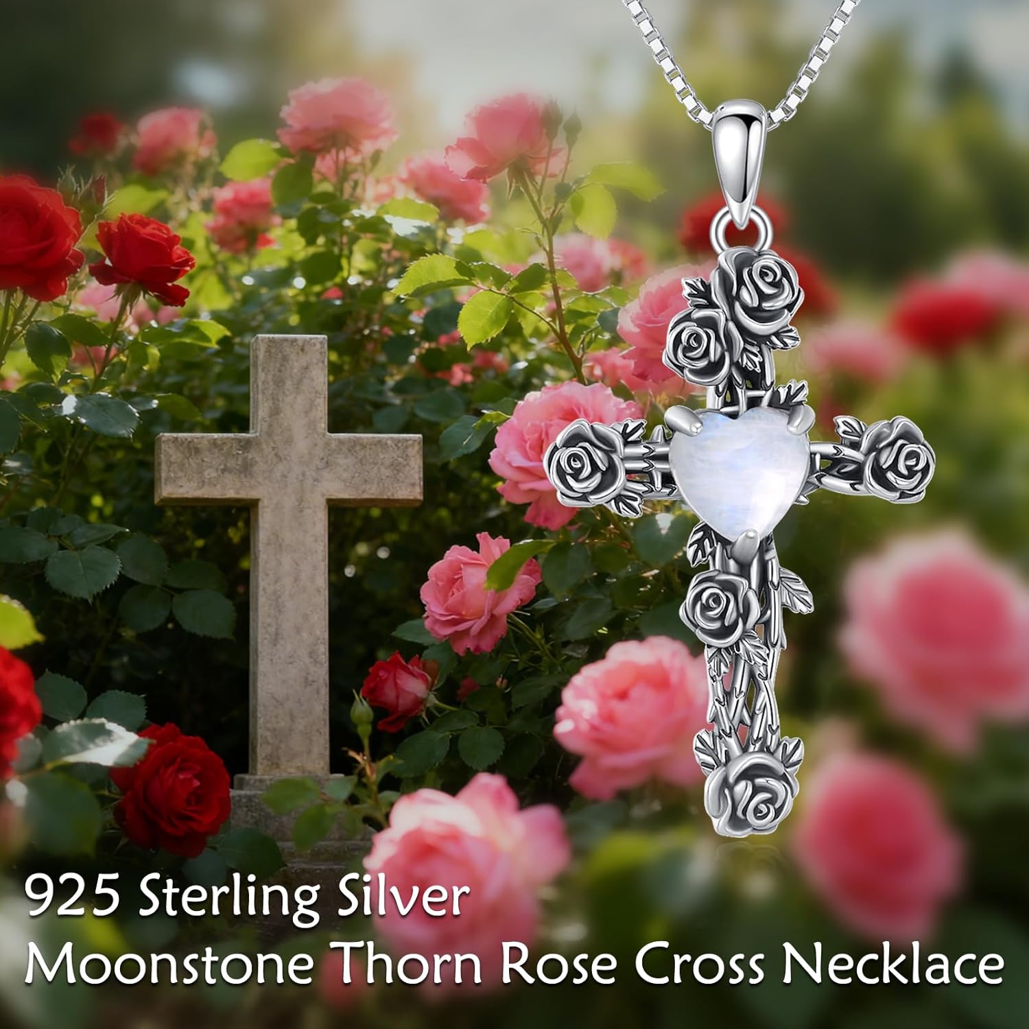 Rose Cross Necklace, 925 Sterling Silver Natural Moonstone Pendant, Religious Floral Spiritual Jewelry Gift for Women - Image 6