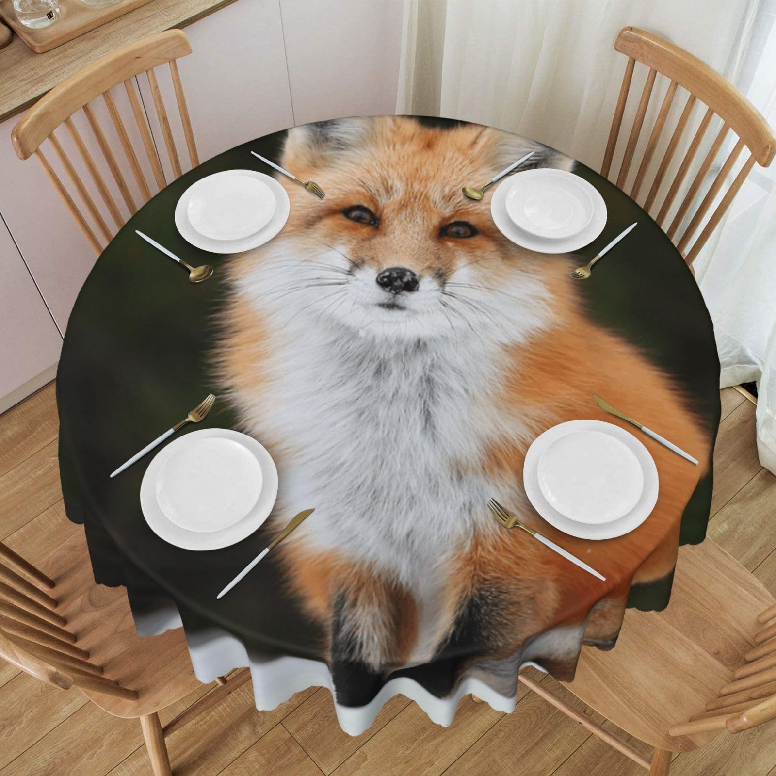 DCEHGEW 60 In Round Tablecloth with Lace, Funny Fox Printed Oilproof & Washable Fabric Picnic Table Cloth Table Covers