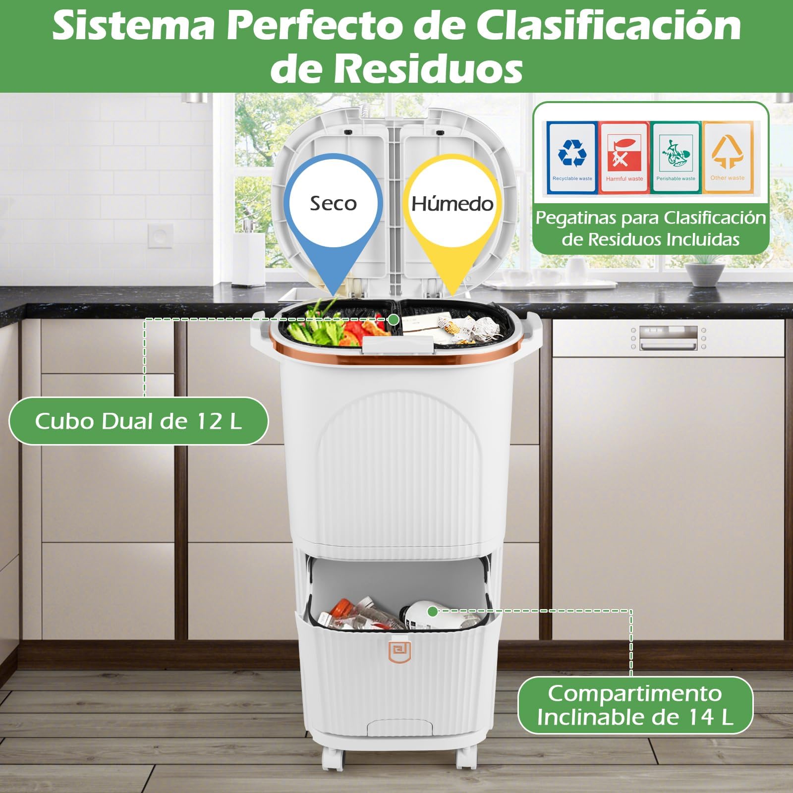 COSTWAY Cubo de Basura Cocina 38L (12+12+14L), Cubo de Basura de Reciclaje con 3 Compartimentos, 2 Cubos Extraíbles, Pedal y Ruedas, Papelera de Reciclaje con 2 Tapas Separadas, 43x29x75 cm (Blanco)