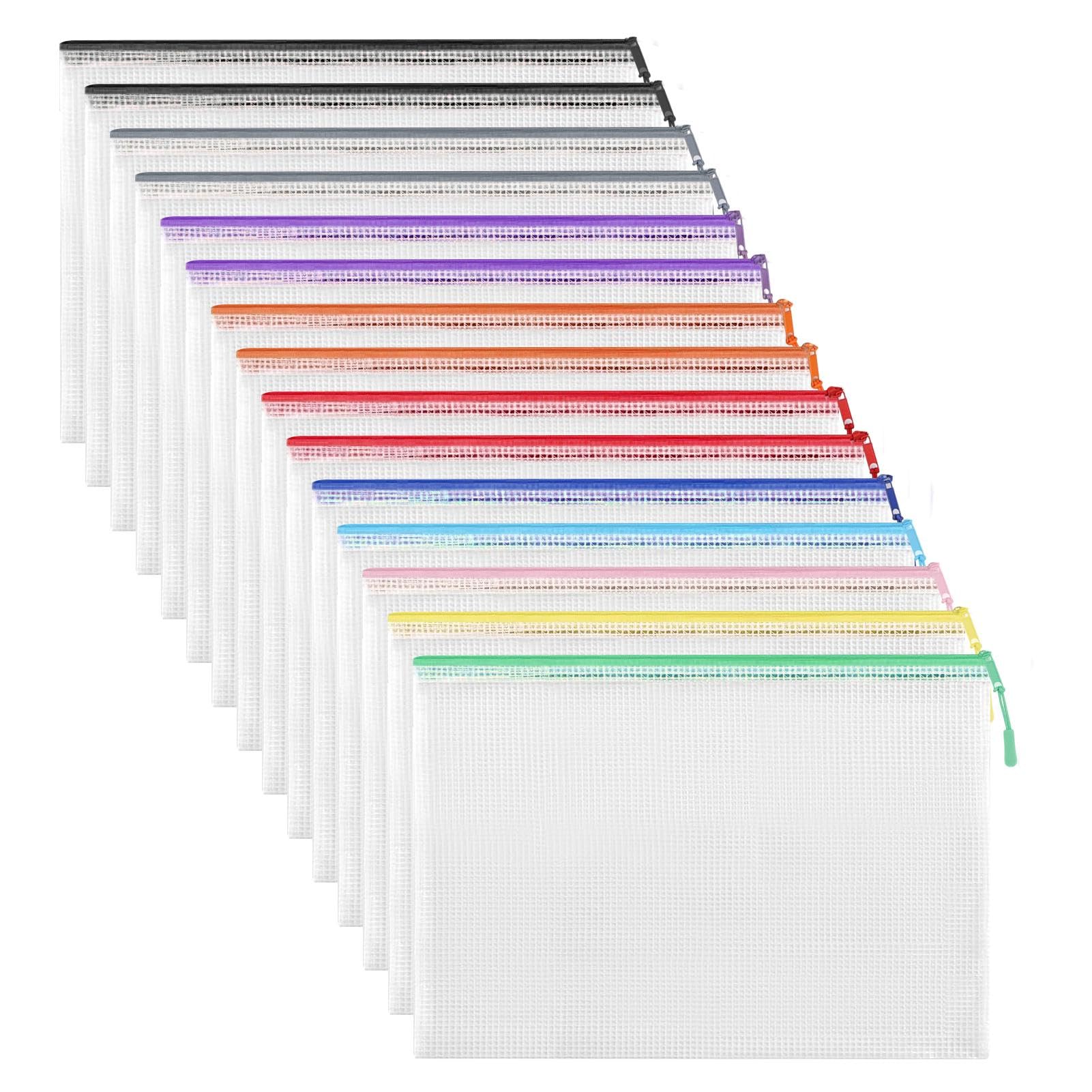 Plastic Wallets, 15PCS A4 Mesh Document File Folders Pouch Zipper Bags for Stationery,Documents,Tool Storage, Waterproof Ziplock Bags for School Office Supplies,Travel Storage(10 Colours)