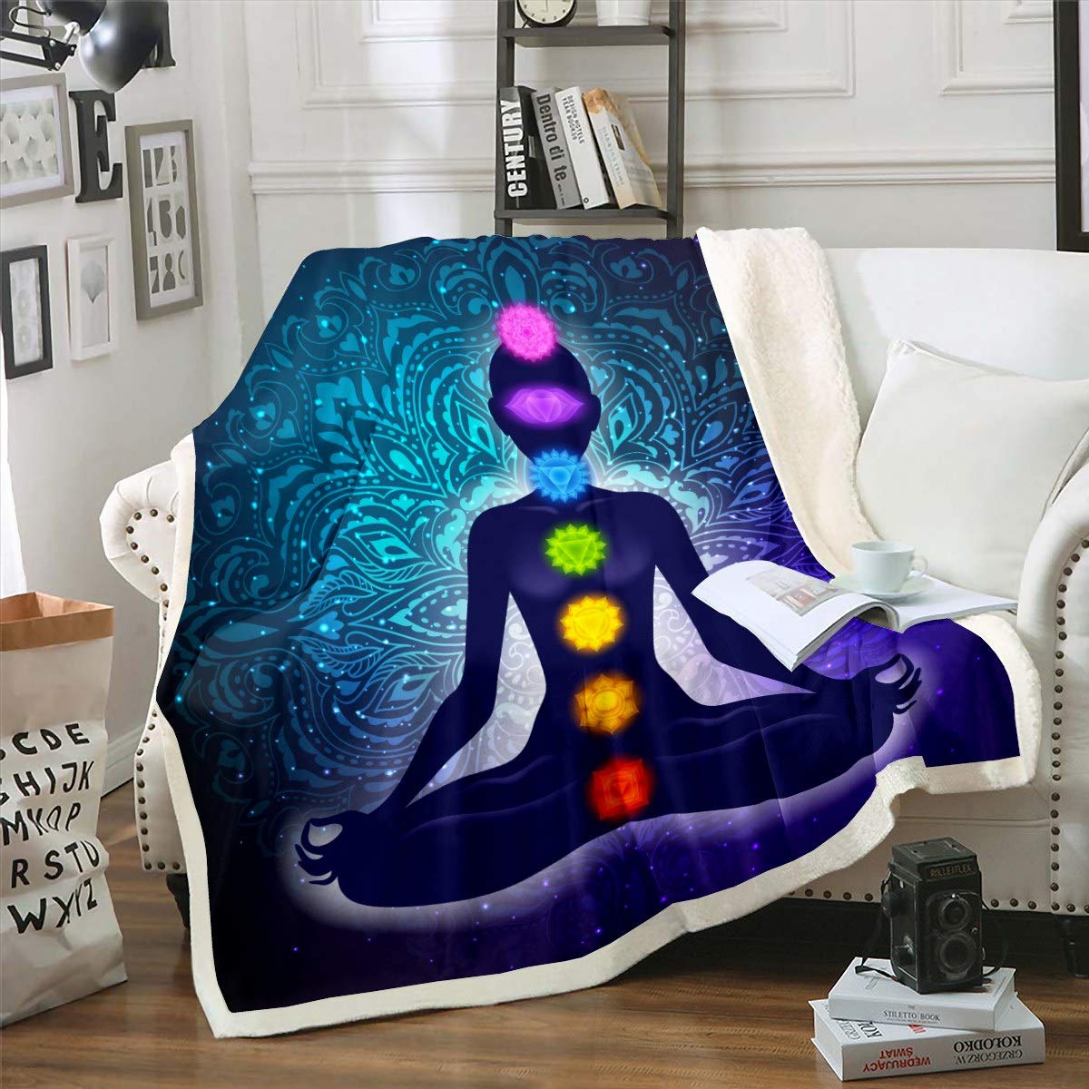 Loussiesd Chakra Fleece Blankets Zen Spiritual Blanket for Couch Bed Sofa Boho Mandala Plush Throw Blanket Stain Resistant Bohemian Mandala Style Sherpa Blanket Single 50"x60"