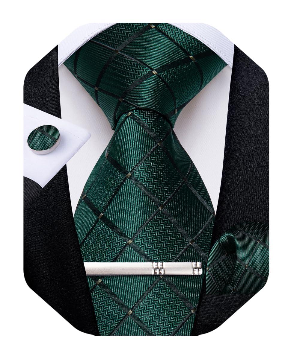 DiBanGu Mens Silk Plaid Tie and Pocket Square Set