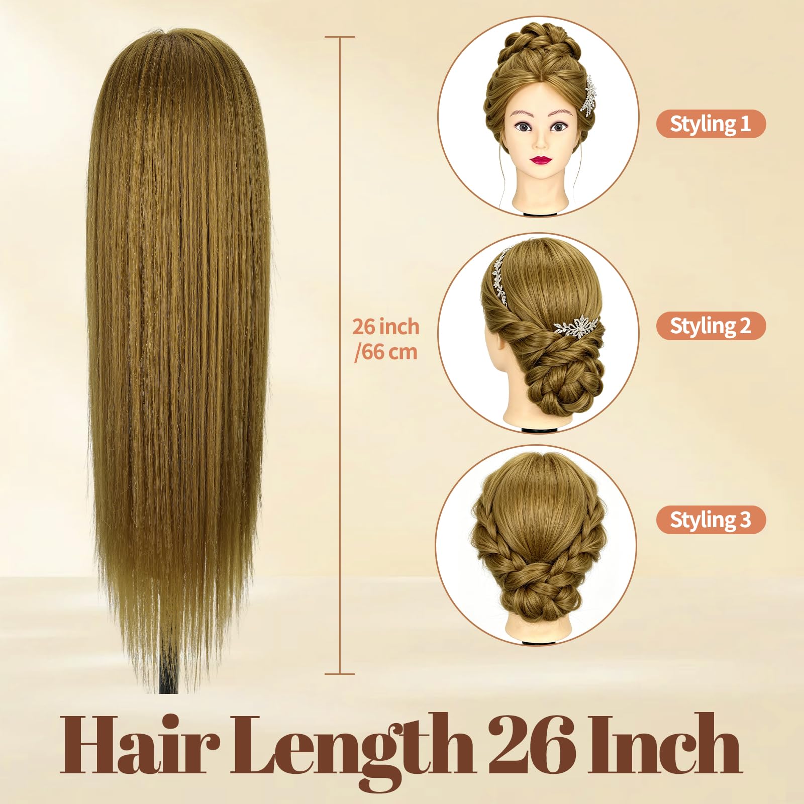 Yofuly 26-28Zoll 66-71cm Frisierkopf 80% Echthaar Übungskopf mit Tischklemme + DIY-Zopfset Hellbraun
