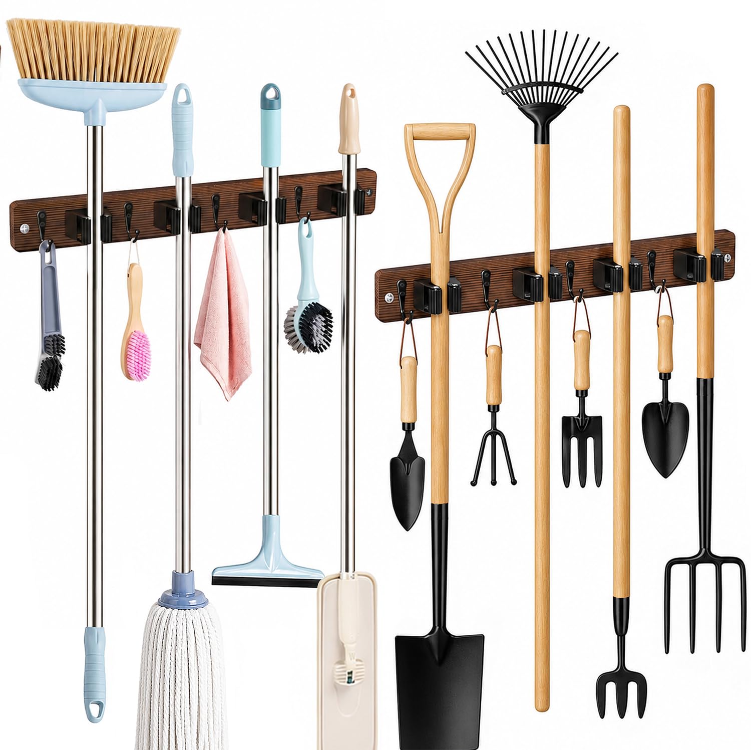 AceMining Soporte para escoba montado en la pared, paquete de 2 soportes de 4 soportes y 4 ganchos, soporte para fregona de madera y escoba con goma antideslizante, soporte para cepillo de madera de