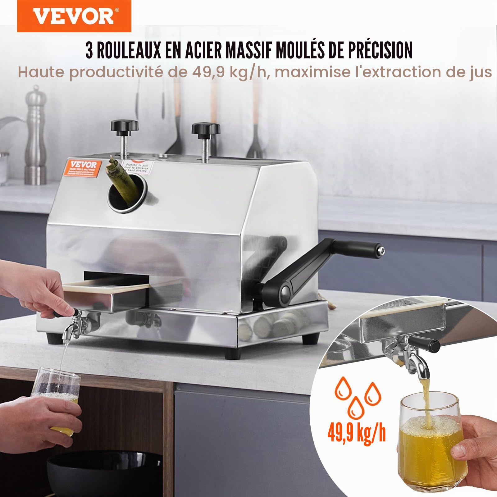 VEVOR Extracteur de Jus de Canne à Sucre Manuel Presse-Canne à Sucre 50 kg/h en Acier Inoxydable avec 3 Rouleaux Grande Entrée Presse-Agrumes pour Extraction de Jus Domestique et Commerciale Boisson