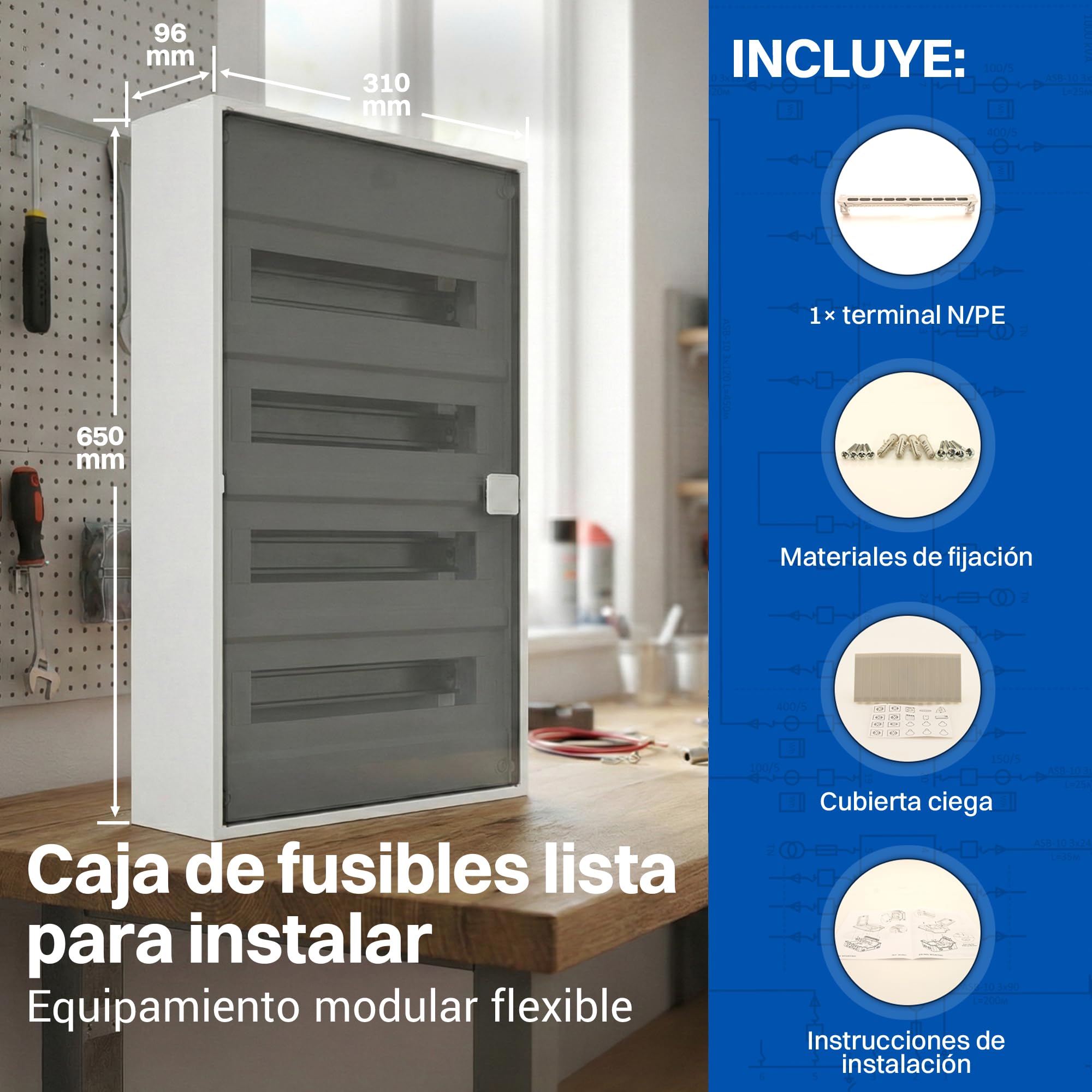 Intratec ALPHA Cuadro eléctrico de superficie 4 filas – Caja de distribución para 48 módulos con puerta transparente – Envolvente eléctrica con carril DIN para hogar y profesional – 650 x 310 x 96 mm