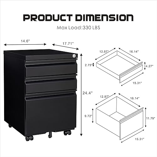Miniatura 3 de LUCYPAL Archivador móvil de 3 cajones con cerradura, gabinete abatible debajo del escritorio para oficina en casa, archivador vertical para tamaño