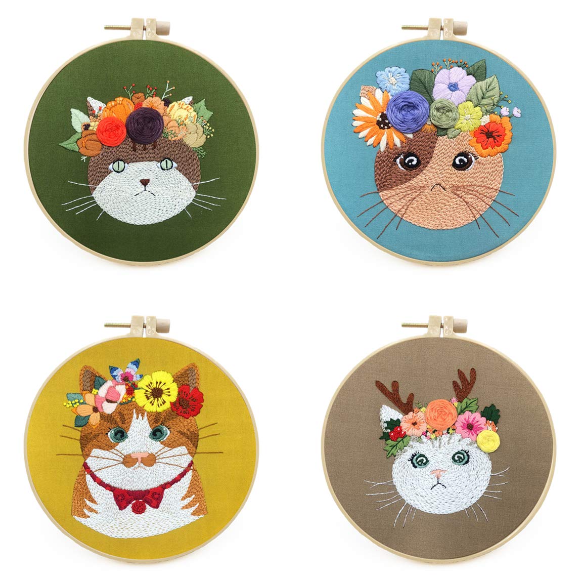 4 Sets Full Range Embroidery Starter Kit with cat Pattern and Instructions Cross Stitch Kit Mother's Day Gift Including Patterned Embroidery Cloth Hoop Threads Needles Scissors