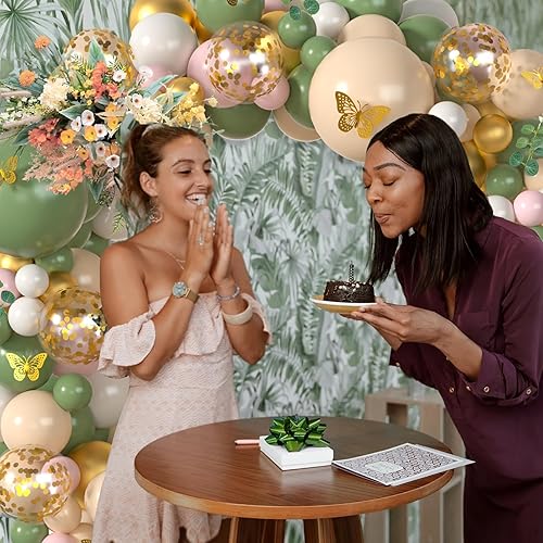 Miniatura 6 de Kit de arco de globos de color verde salvia, rosa, 153 unidades, rosa claro, verde oliva, rubor, blanco, dorado, globos de confeti, guirnalda de