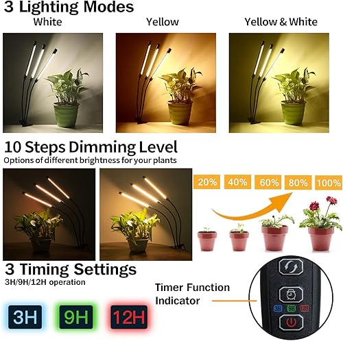 Miniatura 2 de bseah Luces de cultivo para plantas de interior, lámpara de crecimiento LED de espectro completo con temporizador de 3912H, encendido y apagado