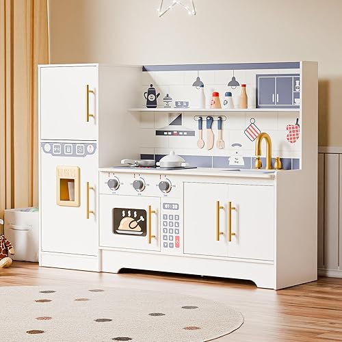 Miniatura 1 de JOYMOR Juegos de cocina de madera para niños, nueva cocina moderna de juguete de madera para niños con refrigeradores y amplios accesorios de cocina