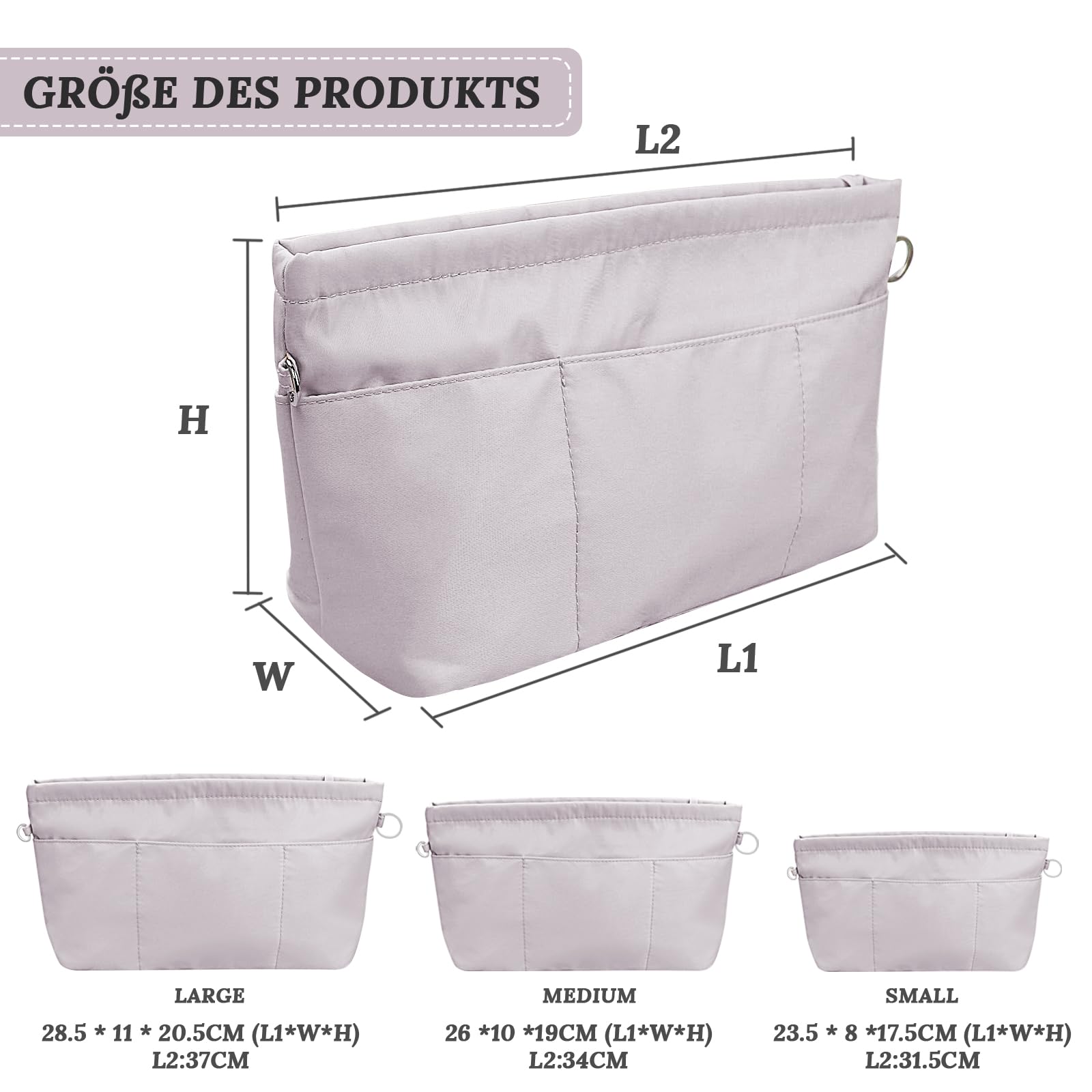 BluVast Handtasorganizer, 30 x 17 x 16 cm, organizer tassen, vilten binnenzak voor handtassen, meerdere vakken, duurzame tote bag organizer