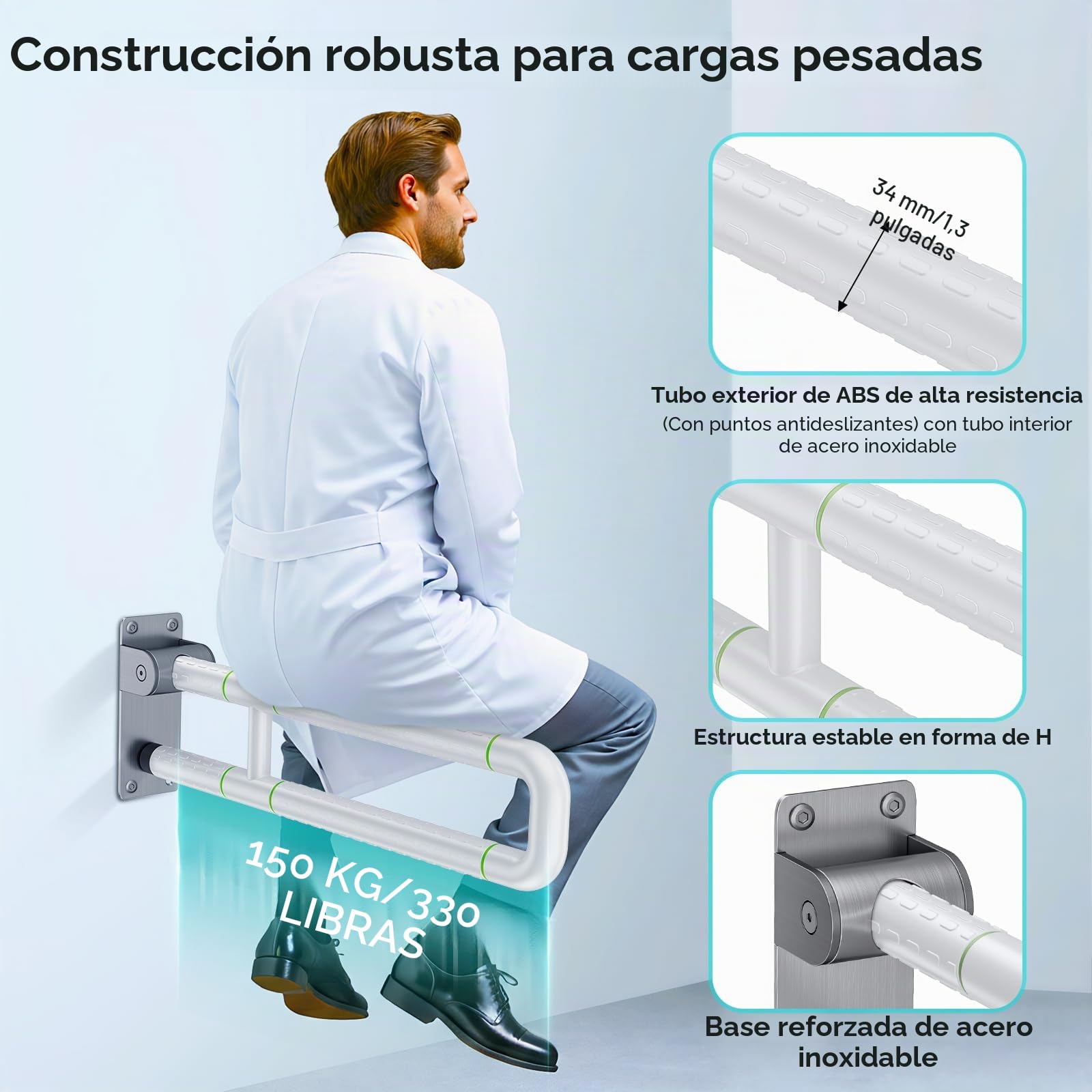 Barra de soporte de inodoro blanca 60 cm barra de soporte de baño de acero inoxidable baño plegable mango de soporte de seguridad 300~350 kg