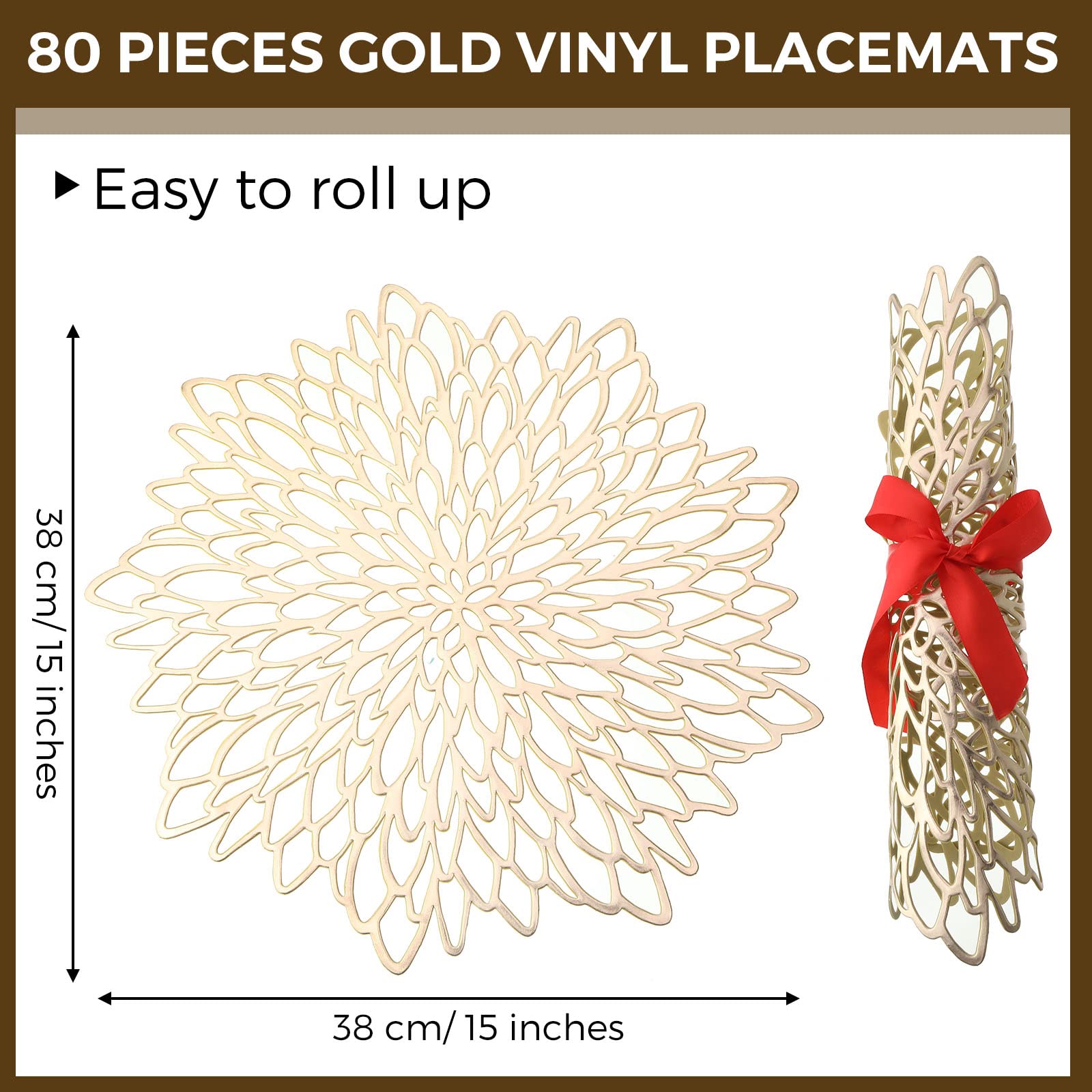 Chengu 80 Pieces Round Pressed Vinyl Placemats Metallic Hollow Out Leaf Flower Table Mats Decorative Wedding Round Placemat for Holiday Party Reception Home Kitchen Dining Table(Gold)