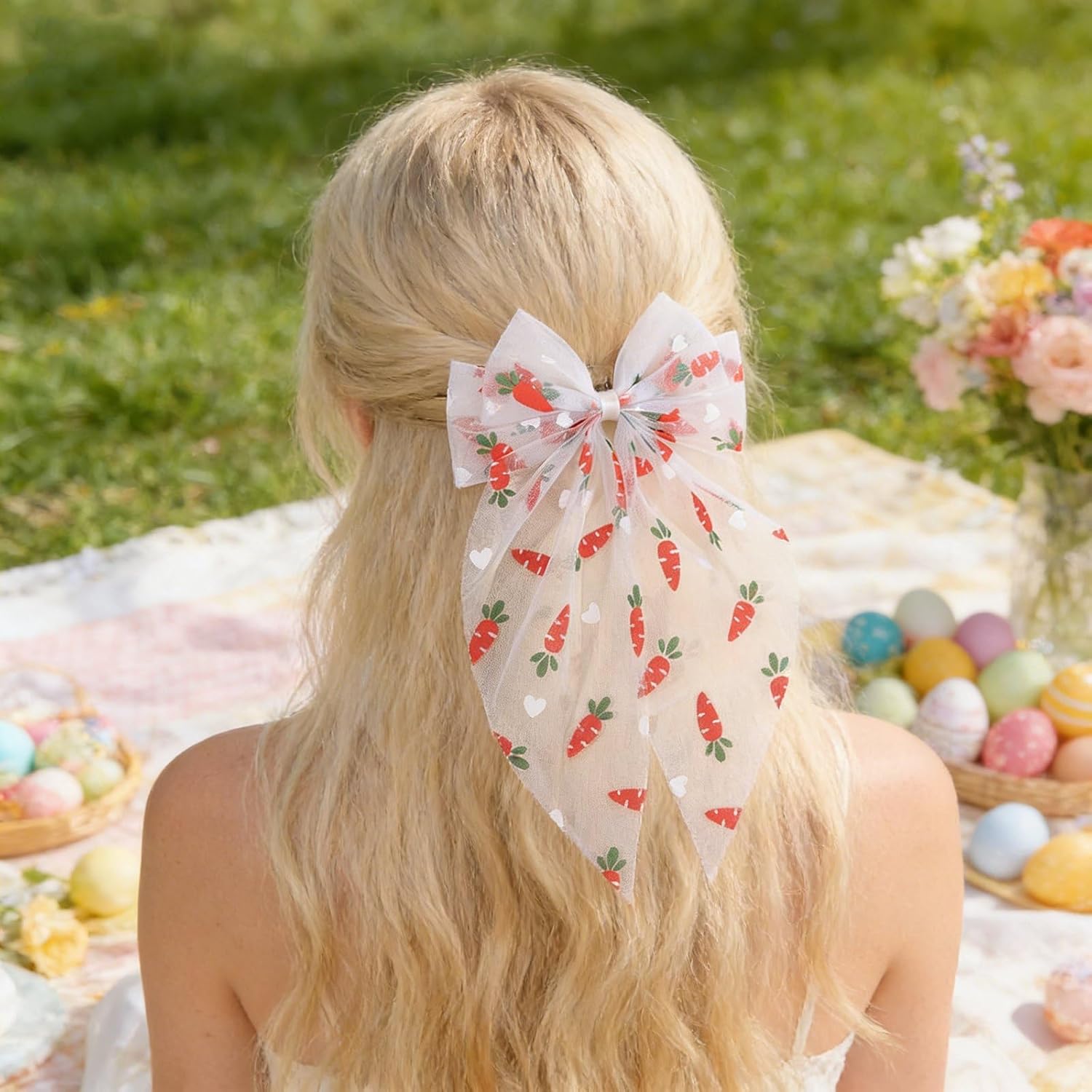Easter Hair Bows Clips Cute Carrot Hair Bows White Transparent Mesh Bowknot Hair Clips Carrot Heart Ribbon Barrette with Long Tail Spring Summer Hair Accessories Easter Day Holiday Party Decoration - Image 7