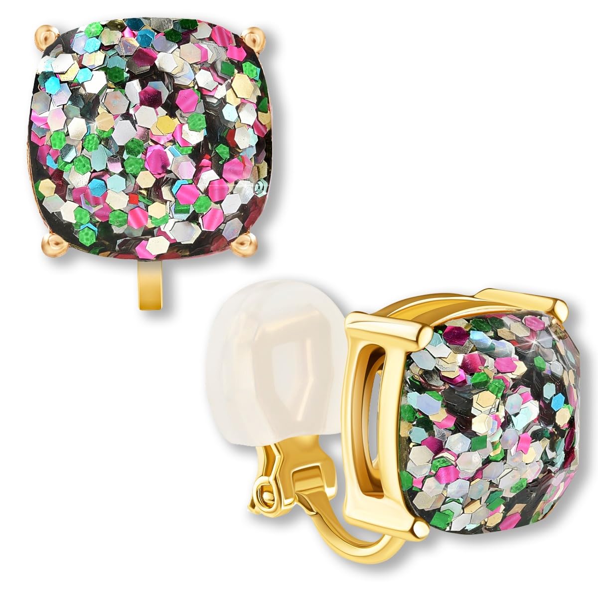 Large Square Clip On Earrings for Women - Comfortable Non Pierced Earrings for Women in Gold Tone, Statement Clip-On Studs