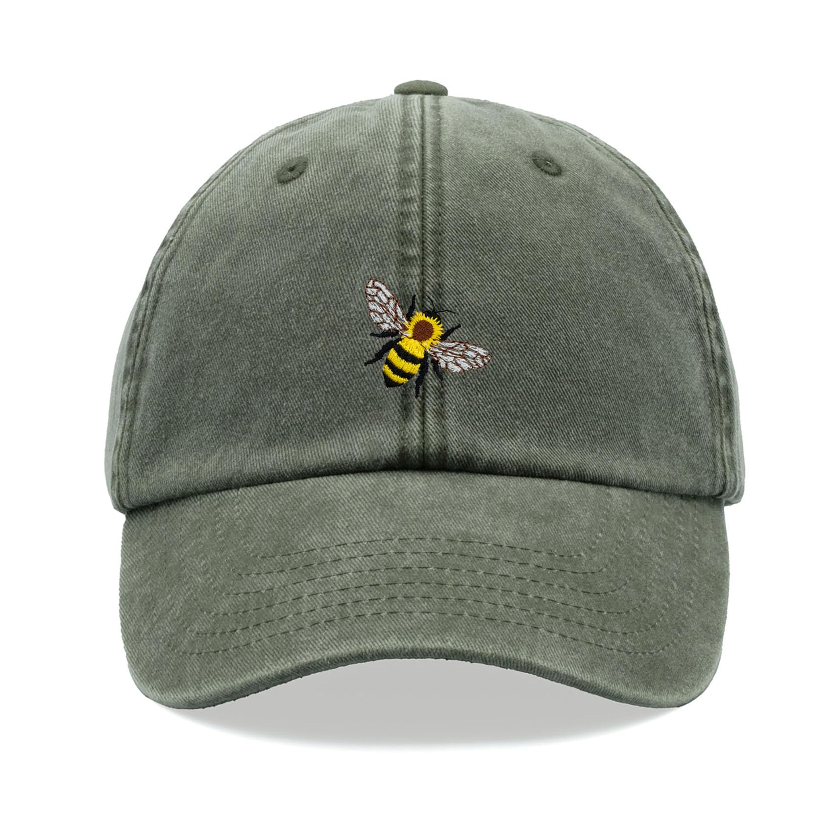 Honey Bee Baseball Cap Vintage Washed Unisex Dad Hat Adjustable Olive