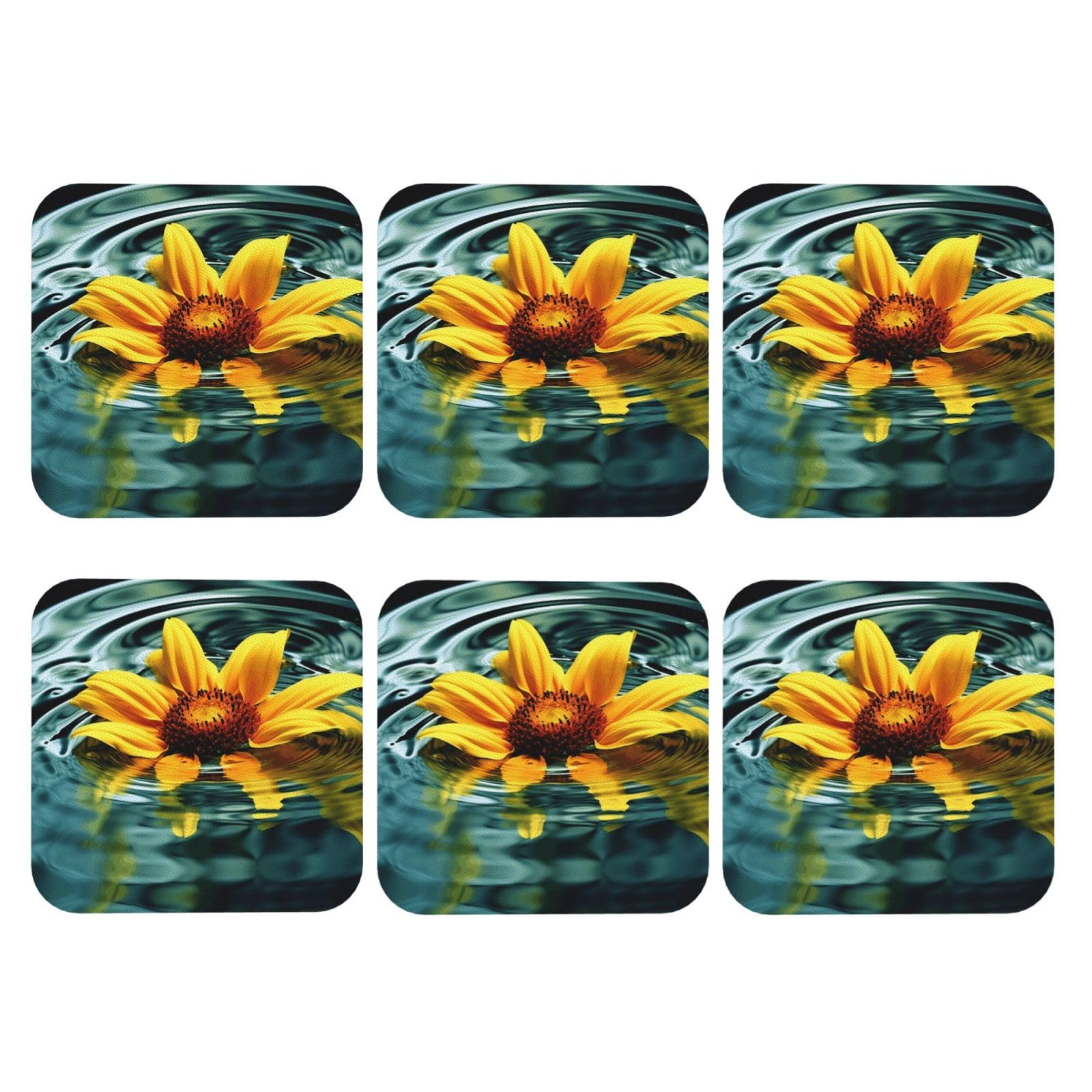 6pcs Leather Coasters for Drinks, Sunflower in Water Drink Coasters for Tabletop Protection, 4" Cup Coasters for Coffee Table Decor, Non-Slip Drinking Cup Mat for Hot Or Cold Drink