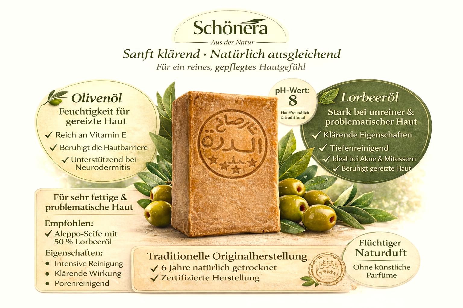 Klassische Aleppo Seife, Olivenöl, Handgemacht, Natürlich, Vegan, Parfümfrei, für Gesicht und Körper (5X 50% Lorbeeröl & 50% Olivenöl Aleppo Seife)