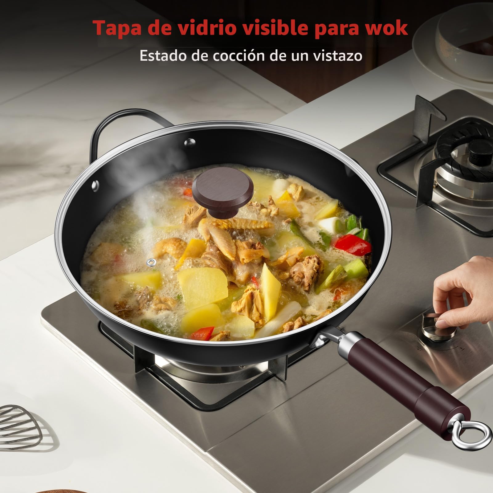 Jobin 32 cm/12,6'' Wok de Acero al Carbono con Tapa, Asas de Madera y Acero, Puede Cocinar Platos Asiáticos Para 3-5 Personas - Fondo Plano