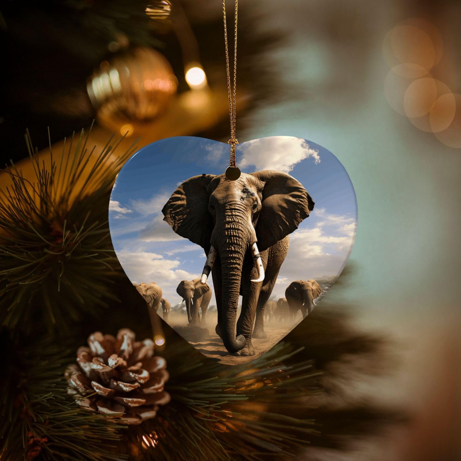 Christmas Tree Ornaments Ceramics Christmas Decorations Ferocious Elephant Ornaments with Gold Ribbon Porcelain Xmas Tree Crafts Heart Shape Hanging Pendant for Christmas Tree Party Decor